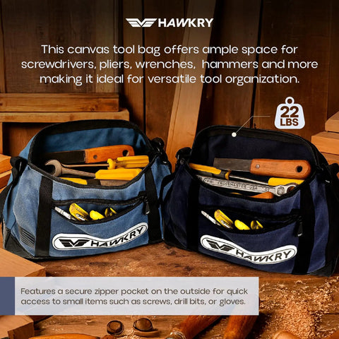 Open Canvas Tool Pouch Set 4 Pack Heavy Duty Tool Organizer Bags With Zipper Durable Small Pouches For Electricians Contractors And Mechanics Hardware Storage On Job Sites displayed with tools inside.