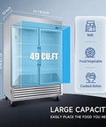 Heavy Duty Badass 54 Inch Commercial Refrigerator With Two Glass Doors And 49 Cubic Feet Capacity displaying interior dimensions and storage features.