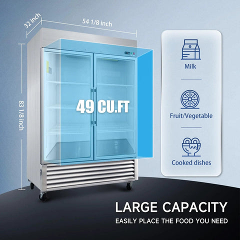 Heavy Duty Badass 54 Inch Commercial Refrigerator With Two Glass Doors And 49 Cubic Feet Capacity displaying interior dimensions and storage features.