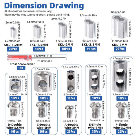 Beefy Heavy Duty Stainless Steel Wire Rope Clip Clamp Kit dimensions showing clips, sleeves, and screwdriver in various sizes.