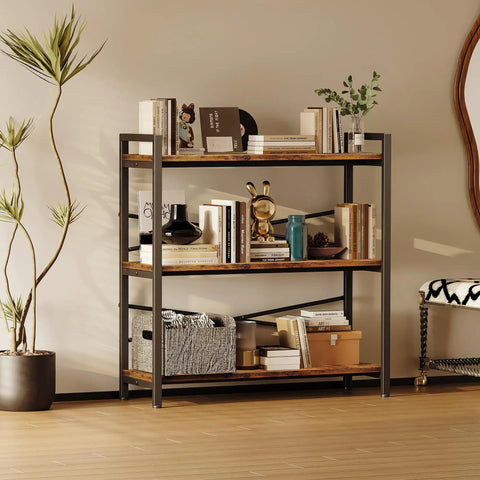 Built Like A Tank Three Tier Bookshelf With Pretty Dang Roomy Shelves, Industrial Vintage Wood And Metal Storage Rack, styled with books and decor.