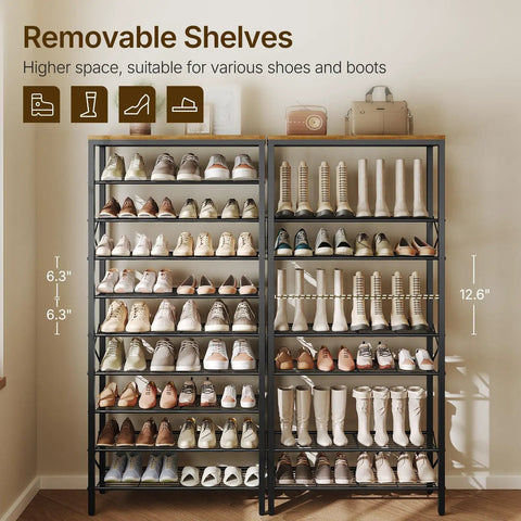 Built Tough 10 Tier Shoe Rack, Roomy Shoe Storage Cabinet Holds 40 Pairs, Solid Multi Shelf Organizer For Entryway Hallway Closet And Dorm Setup In Rustic Brown Finish