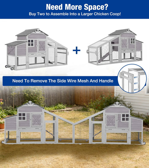Double movable chicken coop with wheels for easy backyard maneuvering, large wooden hen house duplex, expanded setup view.