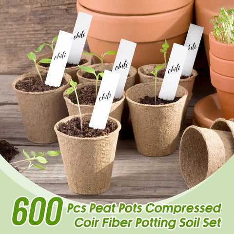 600 Piece Bulk Seed Starter Pots Kit With 2.36 Inch Seedling Pots And 1.18 Inch Coir Fiber Grow Soil, Planting Labels And Trowel Set