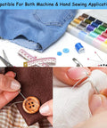 30 Color Polyester Sewing Thread Set with 50 Yard Mini Spools, includes threading tool, needles, and sewing scenes.