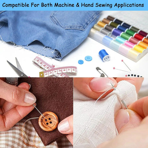 30 Color Polyester Sewing Thread Set with 50 Yard Mini Spools, includes threading tool, needles, and sewing scenes.