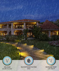 Night scene of house with 6W Well Lights Landscape LED Kit Pack Of 6 No Glare Outdoor In Ground Lights illuminating path