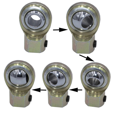 Five-piece set of steel Ford clutch rod end bearings with threaded bases for clutch pedal push rod fix