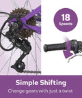 Close-up of Trail Ready Mountain Bike For Youth And Adults with 18 Speed twist shifters and rear derailleur for smooth gear changes.