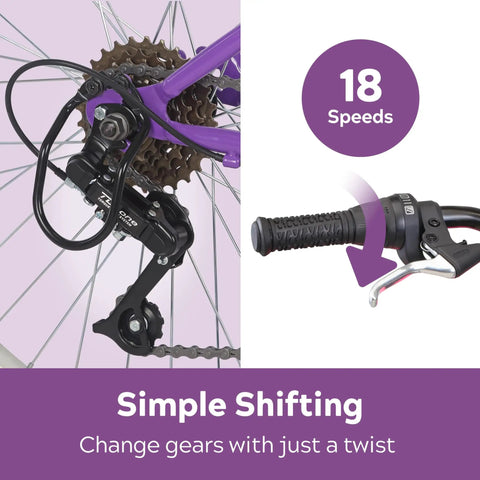 Close-up of Trail Ready Mountain Bike For Youth And Adults with 18 Speed twist shifters and rear derailleur for smooth gear changes.