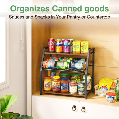 Three Tier Wooden Countertop Organizer For Kitchen And Office Space Saver, Snack Candy Display Stand with cans on shelves