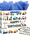 Construction Birthday Gift Bags For Boys With Tissue Paper And Greeting Card 13 Inch Vehicle Theme Trucks Excavators And Cranes Ready To Gift Party Bag Bundle For Kids