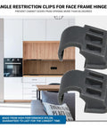 Kitchen view with two grey cabinet door angle restrictor clips for 86° stops; 10 Pack Cabinet Door Angle Restrictor Clips For Face Frame Hinges Keep Doors From Swinging Past 86 Degrees Kitchen Safety Restraints Easy Install Hinges Sold Separately