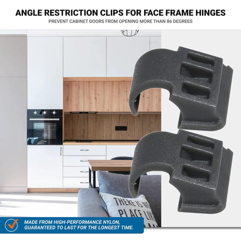 Kitchen view with two grey cabinet door angle restrictor clips for 86° stops; 10 Pack Cabinet Door Angle Restrictor Clips For Face Frame Hinges Keep Doors From Swinging Past 86 Degrees Kitchen Safety Restraints Easy Install Hinges Sold Separately