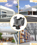 Tough As Nails Ride On Floor Sweeper With A Massive 50 Inch Sweep Path in a large commercial space setting.