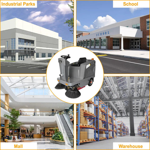 Tough As Nails Ride On Floor Sweeper With A Massive 50 Inch Sweep Path in a large commercial space setting.