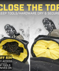 Clip-On Tool Belt Pouch For Tools And Hardware, Lightweight Utility Bag with elastic pockets, showing open top view with tools inside