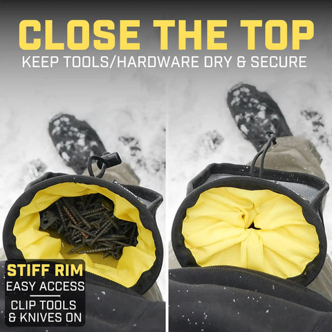 Clip-On Tool Belt Pouch For Tools And Hardware, Lightweight Utility Bag with elastic pockets, showing open top view with tools inside