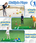 Children playing with Dinosaur Themed Kids Golf Set For Ages 3 To 6 With Automatic Ball Returner Light Up Balls Indoor Outdoor Putting Mat Toddler Golf Clubs Super Fun Birthday Gift For Boys And Girls on grass and indoor mat