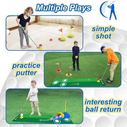 Children playing with Dinosaur Themed Kids Golf Set For Ages 3 To 6 With Automatic Ball Returner Light Up Balls Indoor Outdoor Putting Mat Toddler Golf Clubs Super Fun Birthday Gift For Boys And Girls on grass and indoor mat