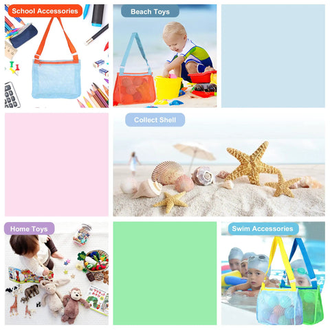 Collage of kids using a Colorful Mesh Beach Tote for Boys and Girls, adjustable quick dry net bag for seashell collecting, sand play, swim gear.