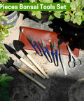 8 Piece Bonsai Tool Set with pruners, folding scissors, mini rake, tweezers, spades, and leather case on a garden floor.