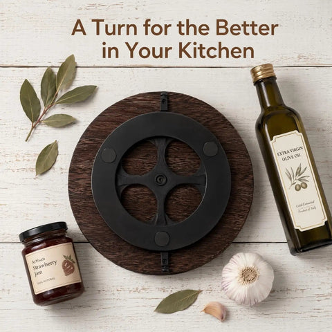Sweetly Spinning 10 Inch Lazy Susan Turntable Organizer For Kitchen Counters Cabinets And Pantries With Silent 360 Swivel Handles on wood surface.