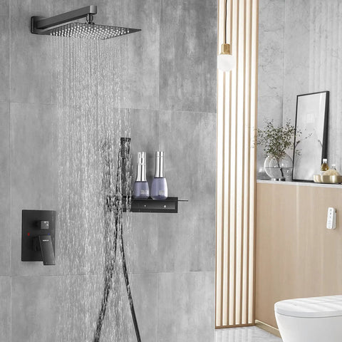 Matte Black Shower System with 10 Inch Rainfall Shower Head Handheld Shower Wall Mounted Faucet Set Complete Valve Body and Trim