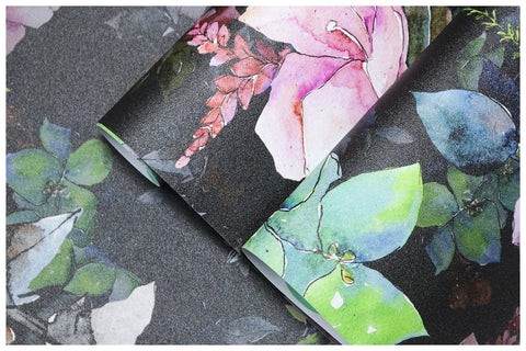 Close-up of Floral Peel And Stick Wallpaper Black Green Pink Botanical Design Repositionable showing watercolor bouquet pattern.