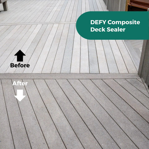 Extreme Composite Deck Sealer Crystal Clear Waterproof Sealant For Wood And Composite Surfaces With Zinc Nano Technology Keeps Water Out No More Black Stains And UV Damage One Gallon applied to deck before and after
