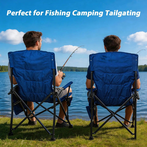 Two people seated on Heavy Duty Camping Chairs 2 Pack With 500 Lbs Capacity, Folding Lawn Chairs With Wide Seat by a lake.