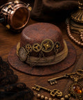 Cool Steampunk Mini Top Hat Fascinator With Antique Gold Clock Gears And Roman Numeral Dial, brown felt with gears.