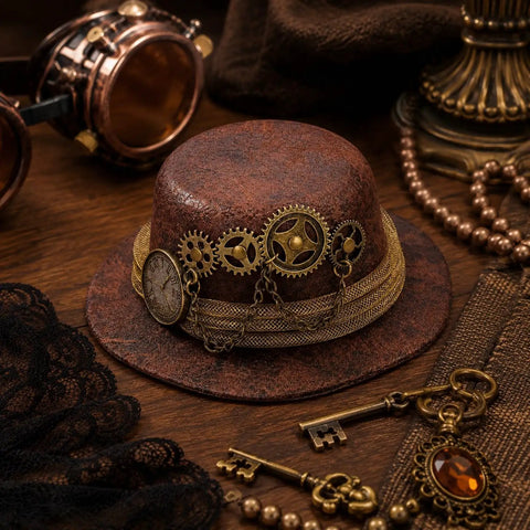 Cool Steampunk Mini Top Hat Fascinator With Antique Gold Clock Gears And Roman Numeral Dial, brown felt with gears.