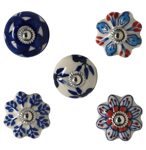 Colorful Blue Ceramic Cabinet Knobs Set Of 25 For Kitchen Cabinets, Bathrooms, Dressers, Cupboards And Drawers, Handmade Pottery Decorative Hardware To Elevate Your Furniture Game And Give It A Fresh Look - Varied blue and white designs