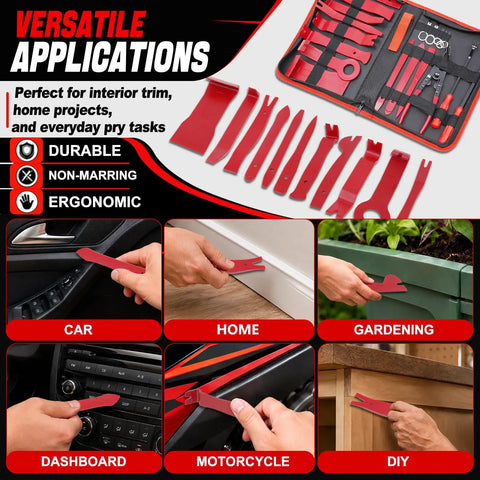 Heavy Duty Nylon Trim Removal Tool Kit For Cars With Slick Pry Bars No Sweat Clip Pliers Premium Dashboard Panels Pro Auto Interior Repair Gear shown with various pry tools in use on car dashboard and home projects.