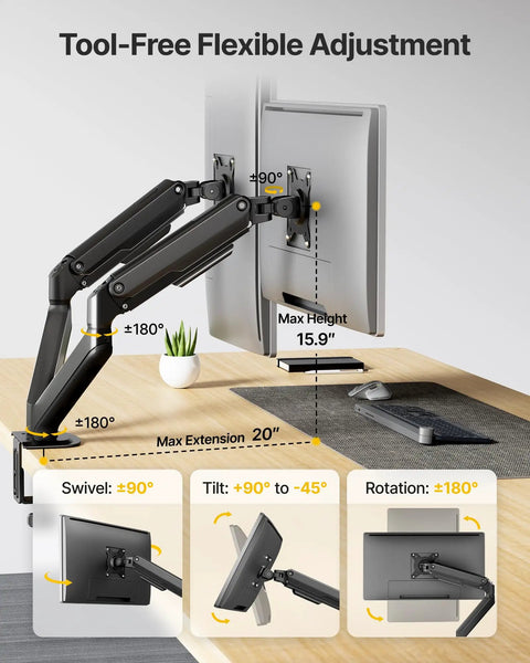 Built Tough Heavy Duty Dual Monitor Arm Stand With Full Motion Adjustment fits 17 To 32 Inch screens with flexible tool-free adjustment.