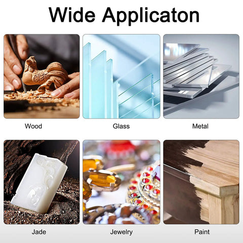Wide application of Top Shelf Mini Buffing Kit For Rotary Power Tools Featuring 75 Killer Brass Wire Brushes on wood, glass, metal, jade, jewelry, and paint.