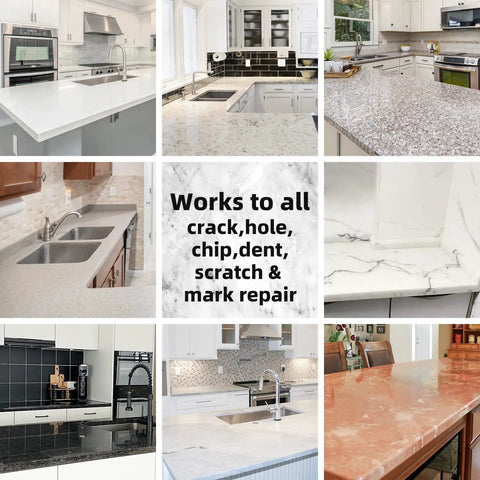 Tile And Granite Marble Fix It Kit For Porcelain Quartz And Other Stone Surfaces shown on various countertops and sinks