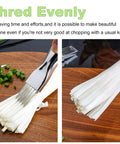 Front-view scallion cutter with stainless steel blade shredding green onions on wood board; close-up shredded strands.