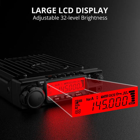 Long-Range 70W VHF Mobile Ham Radio For 144-148MHz with large LCD display showing 145.000 MHz and brightness levels