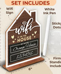 Erasable wooden WiFi sign for home and small business with pen, sticky dots, firm stand; reads 'WiFi on the House' 6x8 inches.