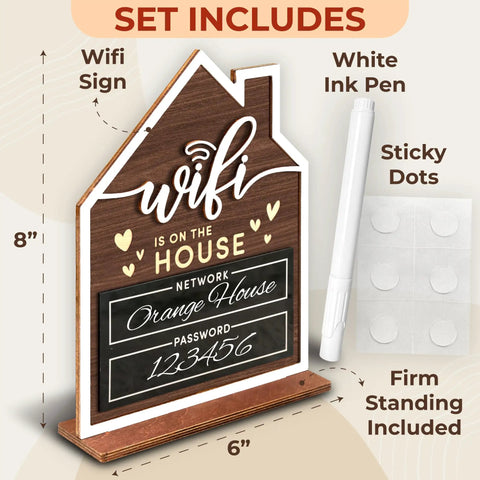 Erasable wooden WiFi sign for home and small business with pen, sticky dots, firm stand; reads 'WiFi on the House' 6x8 inches.