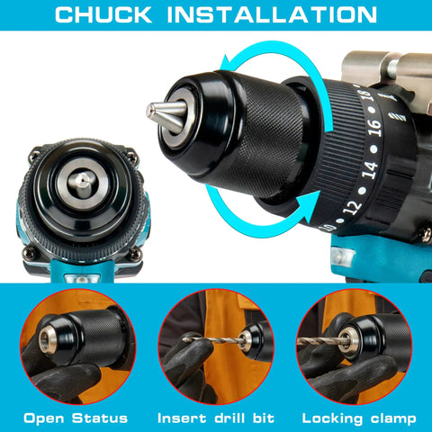 Close-up of a cordless impact drill and driver with one half inch chuck, brushless motor delivers 150 Nm max torque, two speed up to 2150 RPM, hammer mode for heavy duty work, compatible with Makita 18V batteries, battery not included, showing chuck installation process.