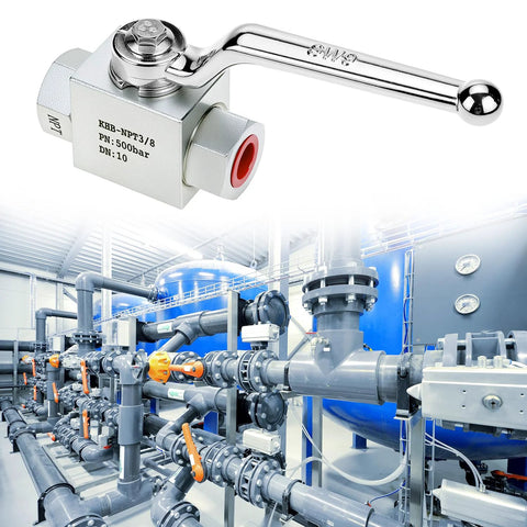 Close-up of QWORK hydraulic ball valve, 3/8 in NPT, DN10, chrome-plated metal, lever-operated 2-way shut-off