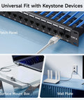 5 Pack Cat6 Keystone RJ45 Couplers For Patch Panels And Wall Plates Female To Female Ethernet Jacks connected to devices and wall outlet.