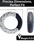 10 Inch Off Road Tubeless Tire 3.00-10 For Electric Scooters Motorcycles E-Bikes And Mopeds showing dimensions and packaging