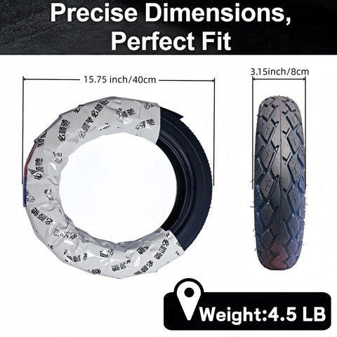 10 Inch Off Road Tubeless Tire 3.00-10 For Electric Scooters Motorcycles E-Bikes And Mopeds showing dimensions and packaging