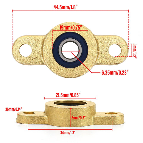 Front and side views of a two-bolt flange pillow block bearing with 6.35 mm bore in cast-iron housing.
