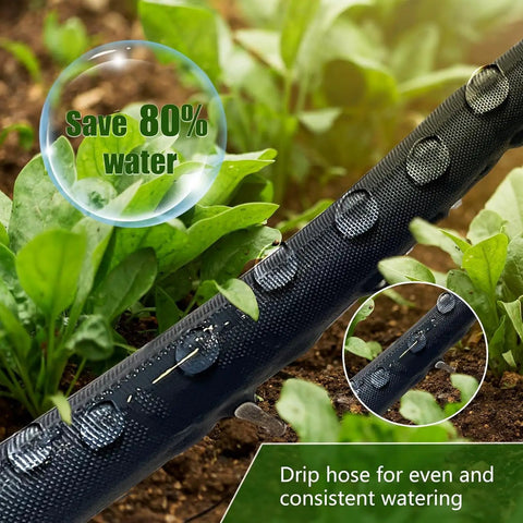 Heavy Duty Double Layer Soaker Hose For Drip Irrigation That Saves 80 Percent Water in a garden with plants.