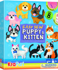 Easy Peasy Beginner Sewing Kit For Kids With 8 DIY Plush Toy Projects Puppies Kittens Dogs And Cats Includes Felt And Simple Step By Step Instructions A Fun All In One Craft Gift For Boys And Girls on colorful box with illustrations of puppy and kitten plush toys